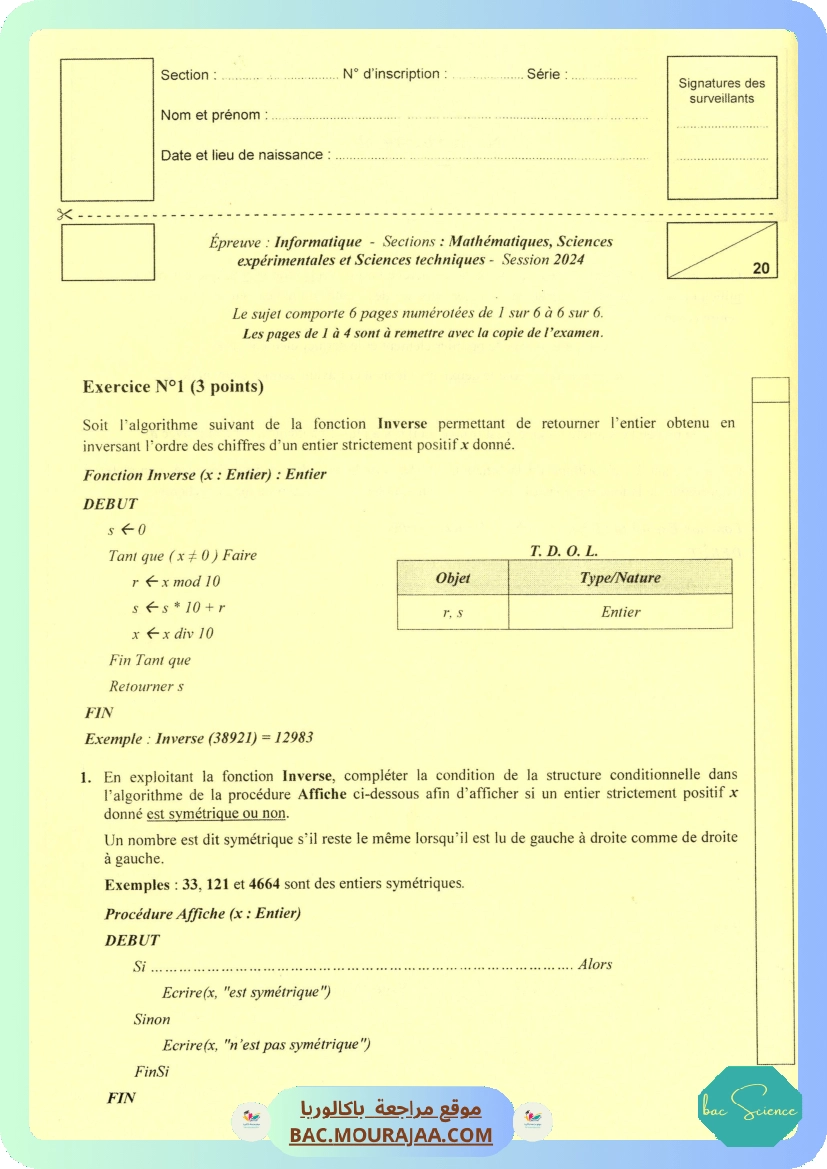 Sujet principale info Bac 2024 – Section science